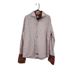 English Laundry Men's 100% Cotton Flip Cuffs Grid Print Button Front Shirt - L